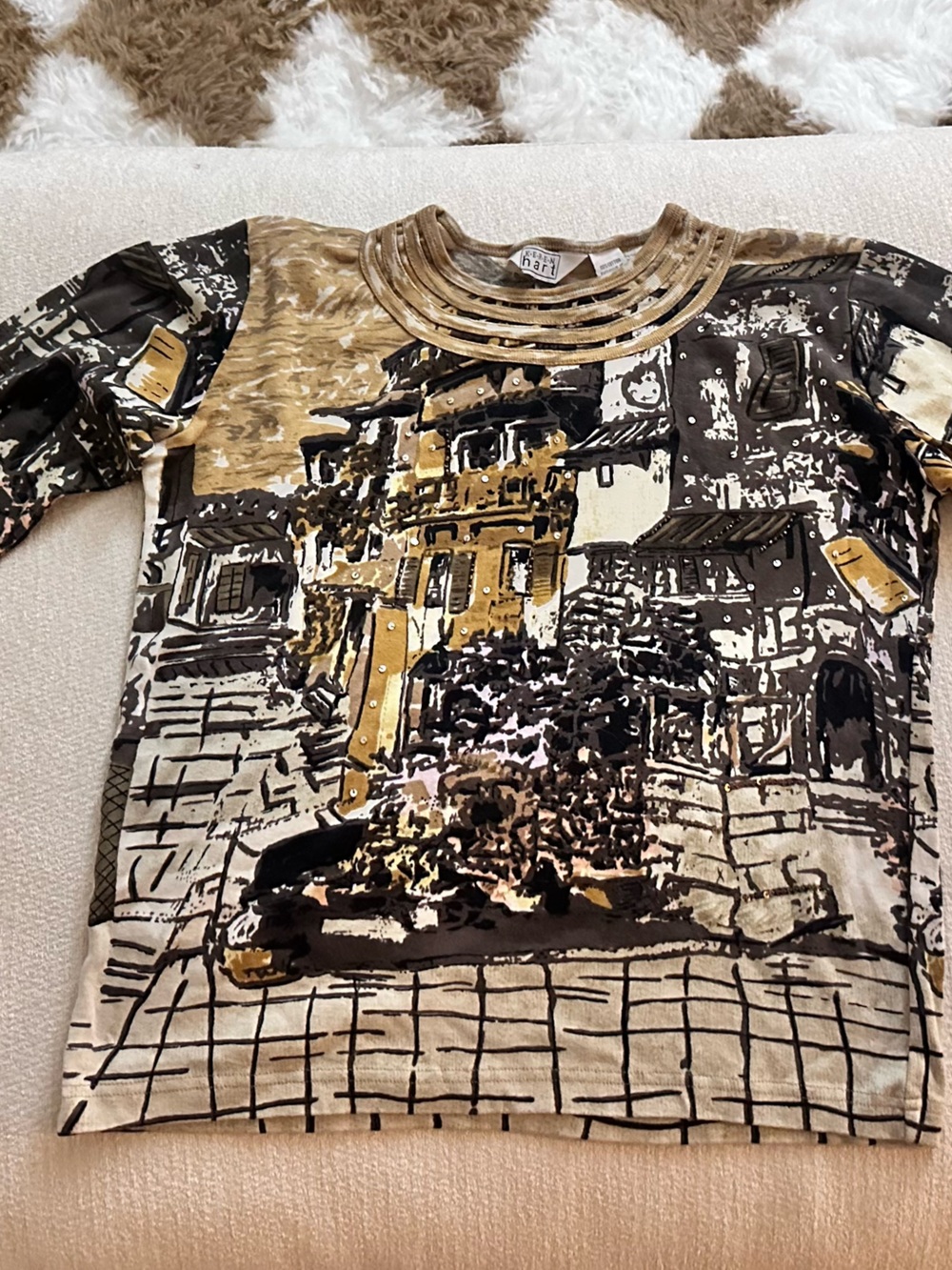 Vintage S k•e•r•e•n hart beaded Parisian cotton 3/4 sleeves top
